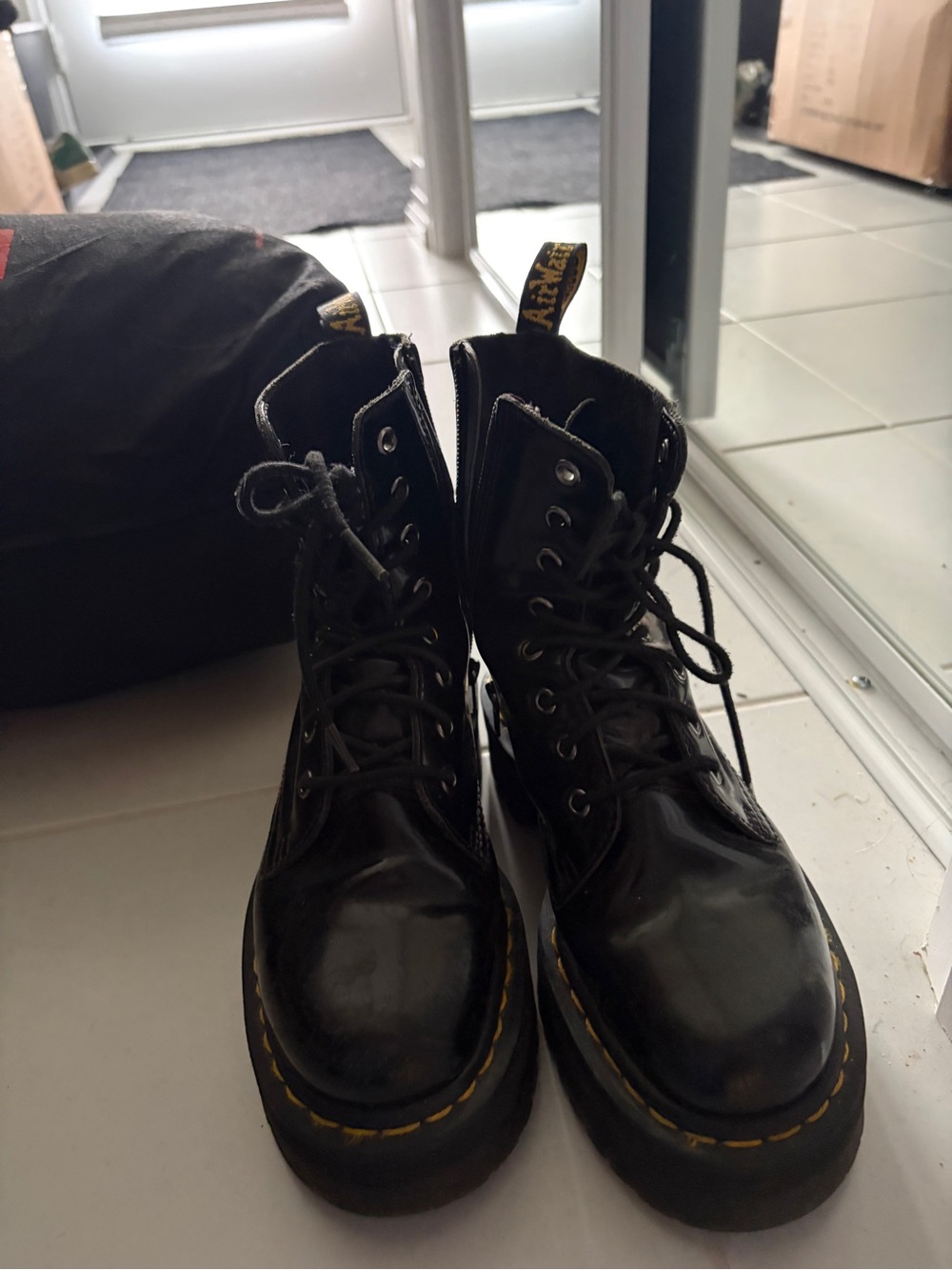 Dr. Martens Black Patent Platform Lace-Up Boots with Yellow Stitching - Picture 3 of 5